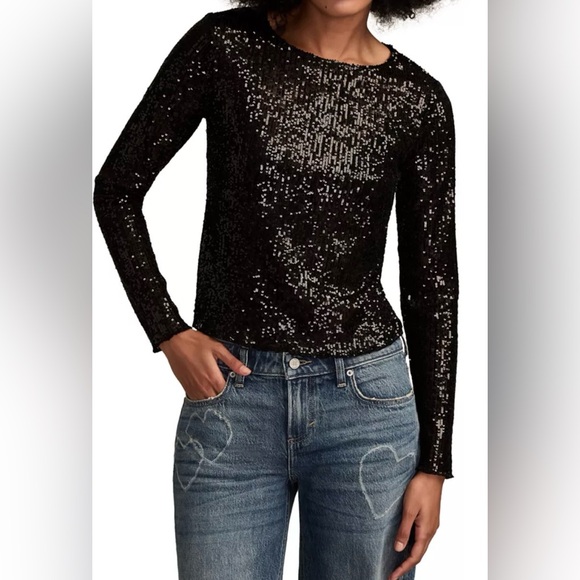Lucky Brand Black Sequin Sheer Blouse size L EUC - Picture 2 of 11